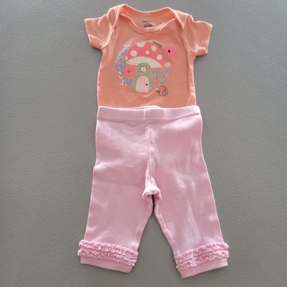 Gerber Baby Girl Outfit Set 0-3M Mushroom Onesies & Pink Ruffle Pants